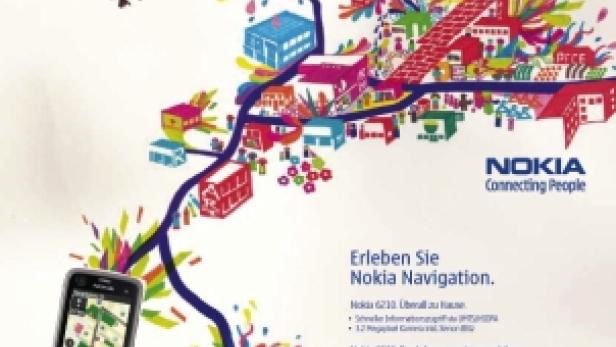 Eine Nokia-Werbung mit drei verschiedenen Handymodellen und dem Slogan „Erleben Sie Nokia Navigation“.