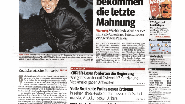 Titelseite des Kurier vom 4. Dezember 2015 mit David Bowie und Artikeln zu verschiedenen Themen.