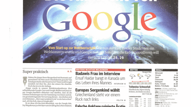 Titelseite des Kurier am Sonntag mit einem Artikel über die Allmacht von Google und einem Foto von Skirennläufer Kjetil Jansrud.