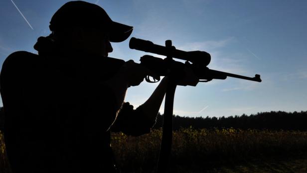 Eine Person zielt mit einem Gewehr mit Zielfernrohr in der Dämmerung.
