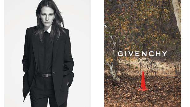 Schwarz-Weiß-Porträt von Julia Roberts in einem Anzug neben einem Givenchy-Werbebild mit einem orangefarbenen Kegel.
