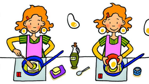 Eine Illustration, die die Zubereitung von Toast mit Spiegelei zeigt.