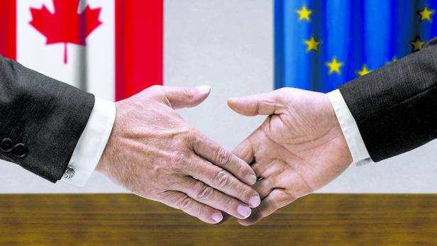 Beim EU-Kanada-Gipfel werden die EU-Spitzenpolitiker Kanadas Premier Trudeau die Hand reichen.