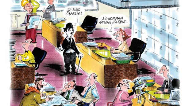 Karikatur zeigt das Innere eines Patentamts mit verschiedenen Personen und Charlie Chaplin.