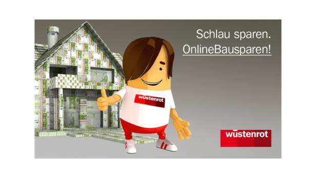 Ein Haus aus Euroscheinen, eine Comicfigur von Wüstenrot davor.