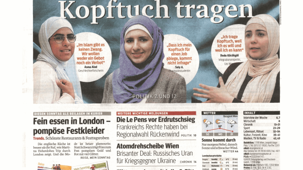 Titelseite des Kurier am Sonntag, 6. Dezember 2015, mit Artikeln über Kopftücher und Politik.