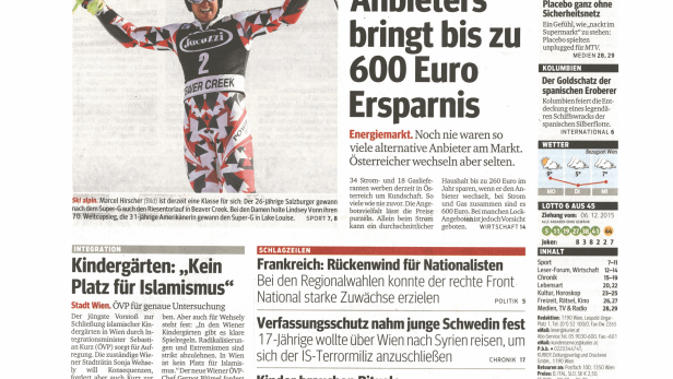 Titelseite des Kurier vom 7. Dezember 2015 mit Nachrichten über Sport, Politik und Wirtschaft.