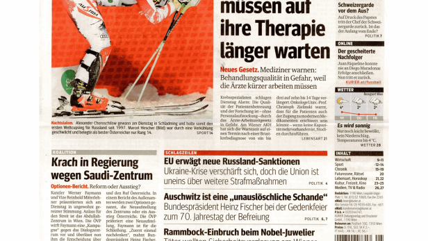 Titelseite der österreichischen Tageszeitung „Kurier“ vom 28. Jänner 2015.