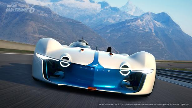 Der Alpine Vision Gran Turismo auf einer Rennstrecke vor einer Bergkulisse.