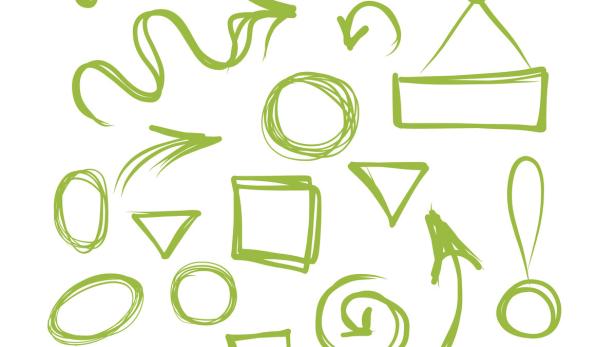 Eine Sammlung von grünen, handgezeichneten Pfeilen und geometrischen Formen auf weißem Grund.