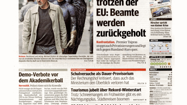 Titelseite der Zeitung „Kurier“ vom 29. Januar 2015.