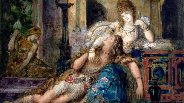 Delila blickt auf den schlafenden Samson in dieser Illustration.