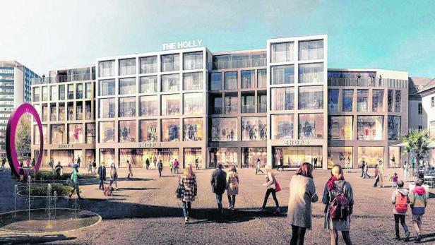 Das Einkaufszentrum „The Holly“ mit Passanten auf dem Vorplatz.