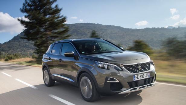 Ein grauer Peugeot 3008 fährt auf einer Landstraße.