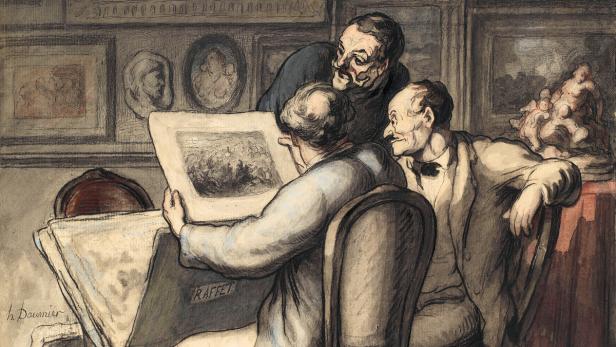 Honoré Daumier zeigte in seinem Aquarell „Die Grafikliebhaber“ des 19. Jahrhunderts (li., 1863–1865)