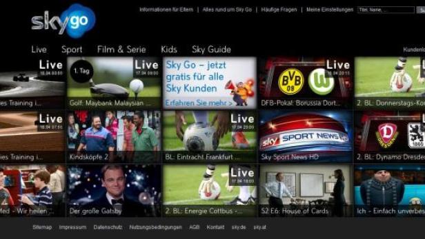 Screenshot der Sky Go-Benutzeroberfläche mit verschiedenen Live-Sport- und Filminhalten.