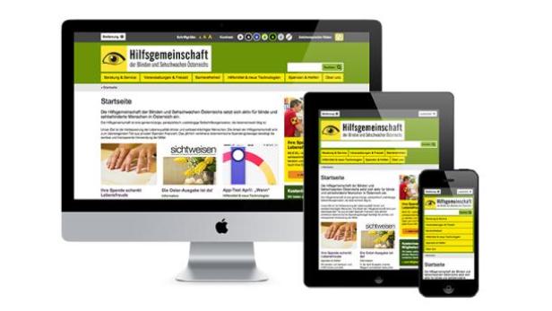 Die Website der Hilfsgemeinschaft der Blinden und Sehschwachen Österreichs auf verschiedenen Geräten.