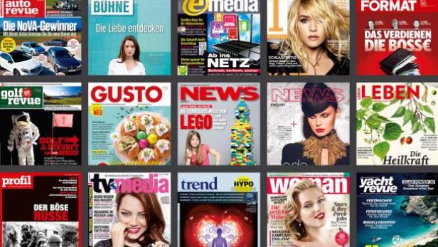 Eine Sammlung verschiedener Zeitschriftencover, darunter „Auto Revue“ und „Woman“.