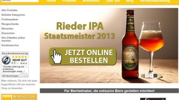 Die Webseite myBier.at mit einer Flasche Rieder IPA und einem Glas Bier im Vordergrund.
