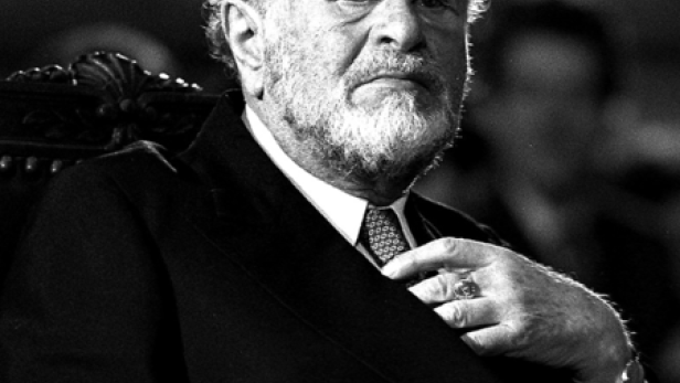 Ein älterer Mann mit Bart und Anzug blickt in die Kamera.