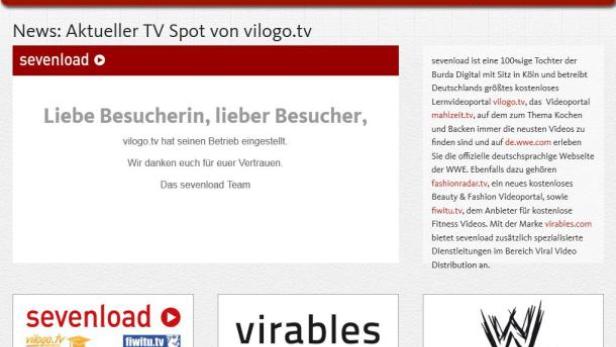 Die Webseite von Sevenload mit Informationen zur Einstellung von vilogo.tv.