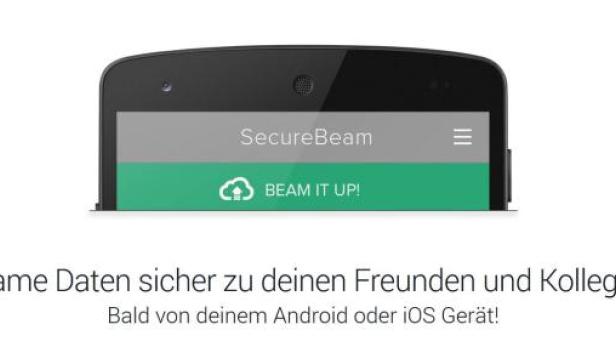 Ein Smartphone zeigt die „SecureBeam“-App mit der Option „Beam It Up!“.