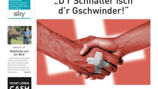 Titelseite der „Golf Week“ mit dem Slogan „D'r Schnäller isch d'r Gschwinder!“ und einem Handschlag vor Schweizer Flagge.