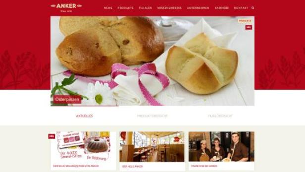 Die Webseite der Bäckerei Anker mit Osterpinzen im oberen Bereich.