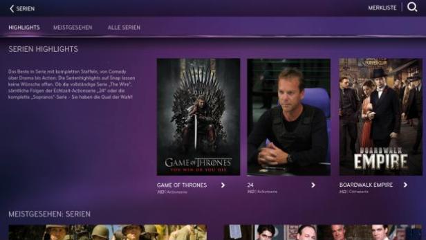 Ein Bildschirm mit Serienhighlights, darunter „Game of Thrones“, „24“ und „Boardwalk Empire“.