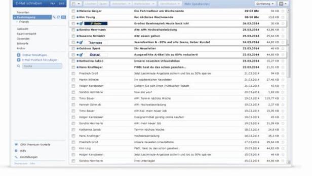 Ein Screenshot der GMX E-Mail-Oberfläche mit einer Liste von E-Mails im Posteingang.