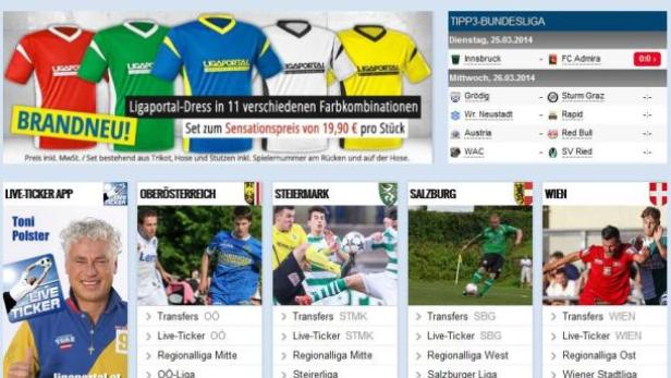Eine Webseite von Ligaportal mit Werbung für Fußballtrikots und Live-Ticker-Informationen.
