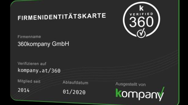 Eine Firmenidentitätskarte von 360kompany GmbH, verifiziert auf kompany.at/360.