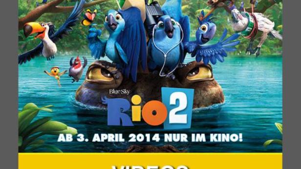 Ein Smartphone zeigt die Webseite zum Film „Rio 2“.