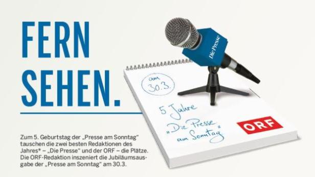 Ein Mikrofon der „Die Presse“ steht auf einem Notizblock mit dem ORF-Logo.