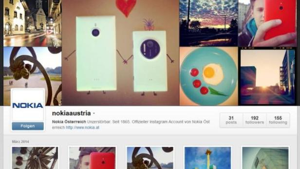Ein Instagram-Profil von Nokia Austria mit verschiedenen Fotos, darunter zwei stilisierte Smartphones.