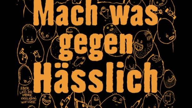 Eine stilisierte Illustration mit dem Text „Mach was gegen Hässlich“ und Figuren, die Werkzeuge halten; Werbung von Hornbach.