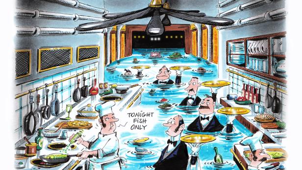 Karikatur einer überfluteten Bordküche der Titanic, in der Köche und Kellner im Wasser stehen.