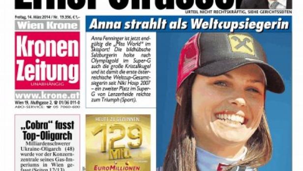 Titelseite der Kronen Zeitung mit einem Artikel über Anna Fenninger als Weltcupsiegerin.