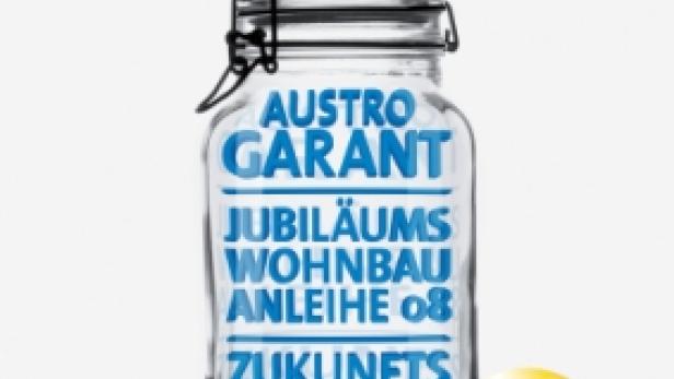 Ein Einmachglas ist mit den Wörtern „Austro Garant“, „Jubiläums Wohnbau Anleihe 08“ und „Zukunfts Pension Plus“ gefüllt.