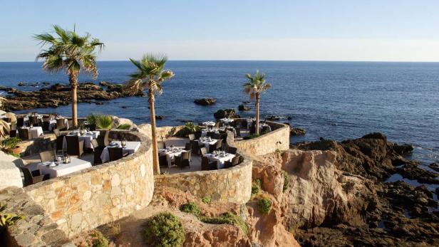 Ein Restaurant mit Meerblick und Palmen auf einer Klippe.