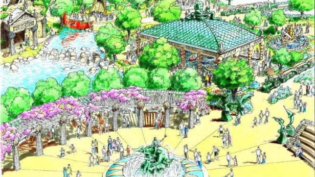 Eine Skizze eines belebten Themenparks mit verschiedenen Attraktionen und Besuchern.