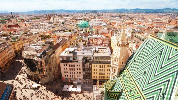 View from St. Stephen&#039;s Cathedral over Stephansplatz square in Vienna, capital of Austria on sunny day