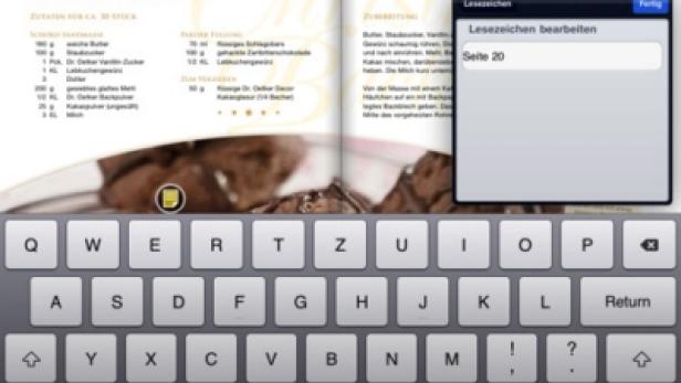 Ein iPad zeigt ein Rezept für Schokoköpfchen und eine Bearbeitungsmaske für Lesezeichen.