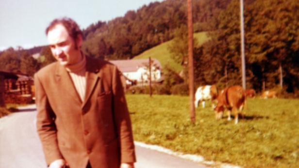 Ein Mann in braunem Anzug steht an einer Landstraße; im Hintergrund Kühe auf einer Weide.