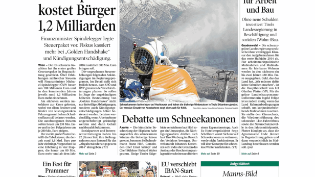 Schlagzeile vom 10.01.2014Steuerpaket kostet Bürger 1,2 MilliardenTiroler Tageszeitung