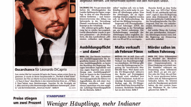 Schlagzeile vom 17.01.2014Land Salzburg streicht ein Viertel der SpitzenjobsSalzburger Nachrichten