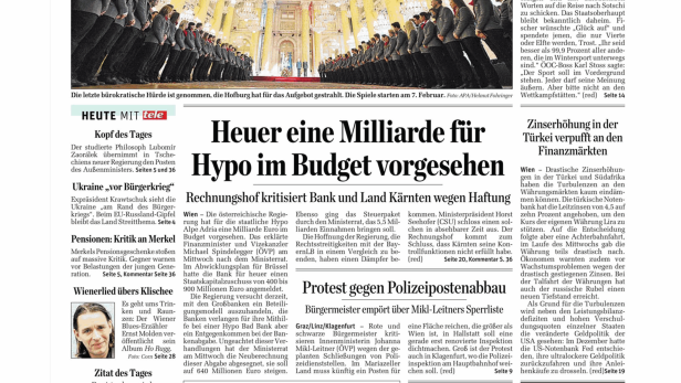 Schlagzeile vom 30.01.2014Heuer eine Milliarde für Hypo im Budget vorgesehenDer Standard
