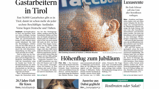 Schlagzeile vom 31.01.2014Rekord bei Gastarbeitern in TirolTiroler Tageszeitung