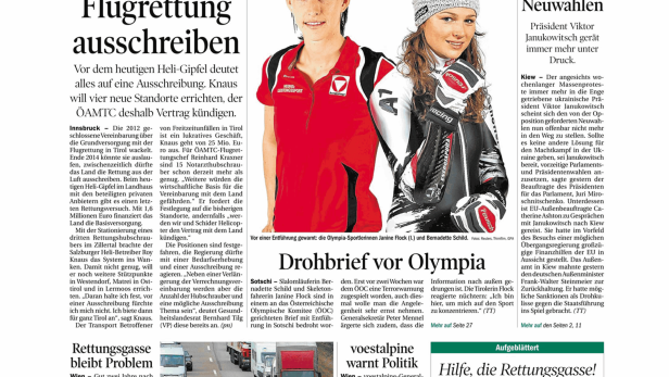 Die Titelseite der Tiroler Tageszeitung vom 5. Februar 2014 mit Artikeln zu verschiedenen Themen.