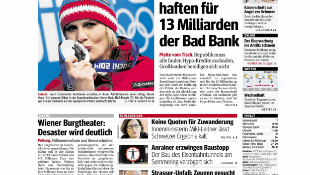 Titelseite des Kurier vom 11. Februar 2014 mit Artikeln zu verschiedenen Themen.